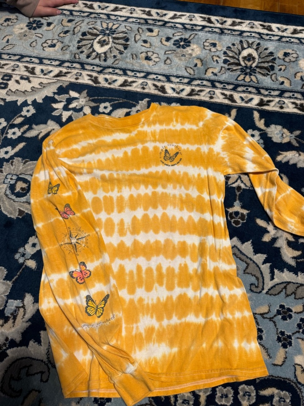 Yellow & White Tie-Dye Long Sleeve Tee with Butterfly Sleeve Graphics